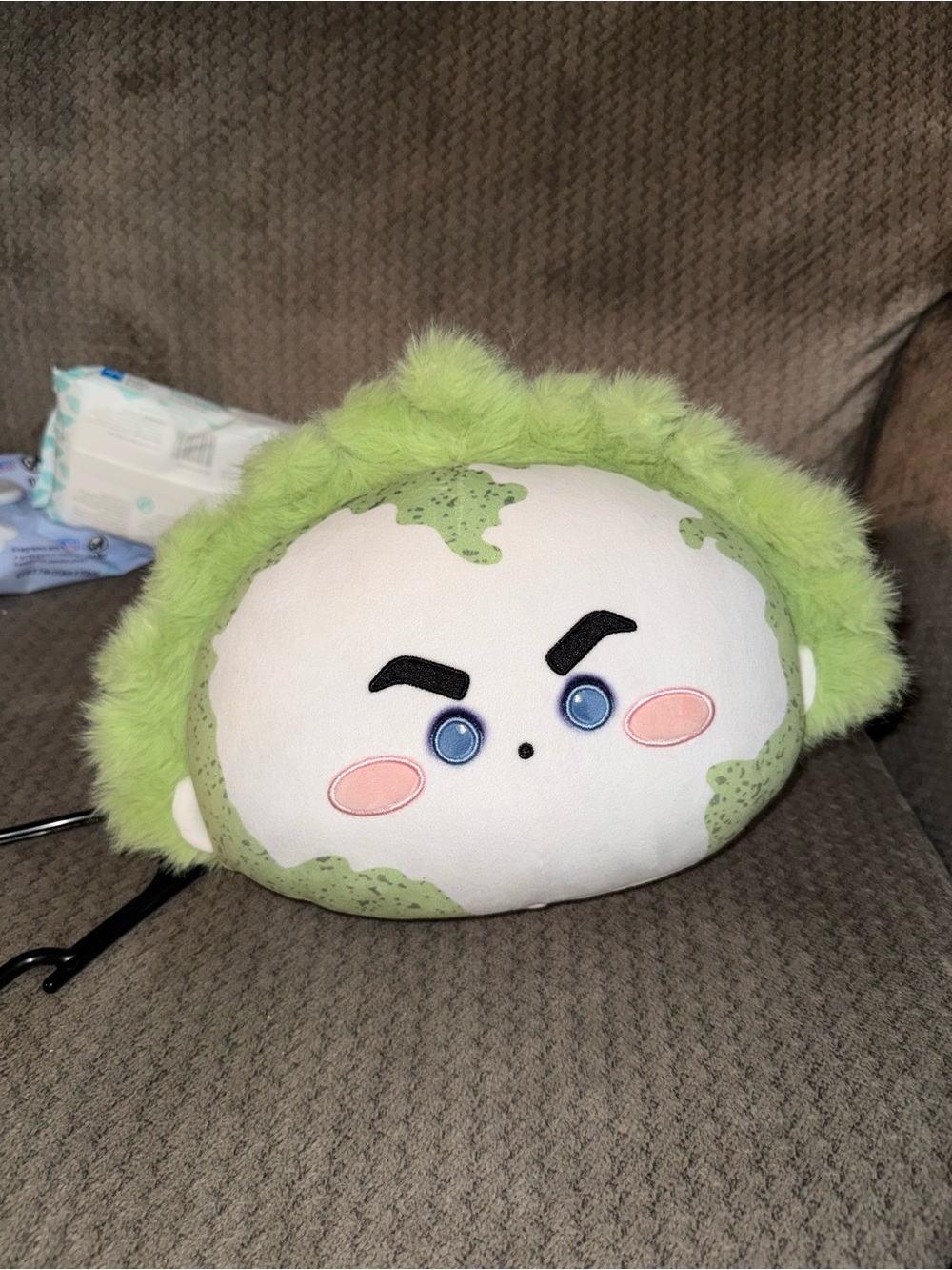 Green Plush Bird Toy Pillow - Cute Angry Face